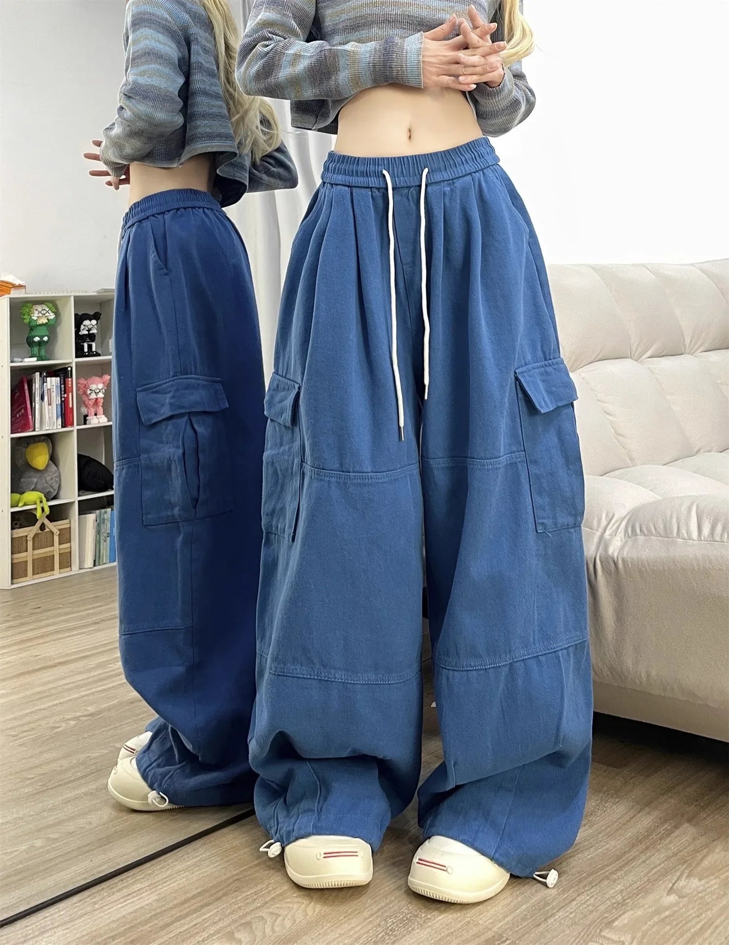 Deep Blue Pure Cotton Work Trousers Loose Wide Leg Floor-Length Women's Style Spring Summer Casual Pants Trendy Fashion