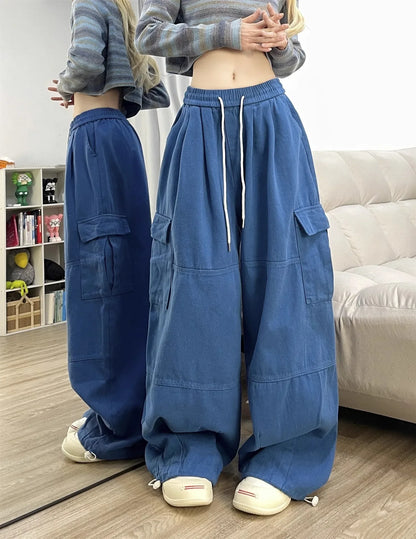 Deep Blue Pure Cotton Work Trousers Loose Wide Leg Floor-Length Women's Style Spring Summer Casual Pants Trendy Fashion