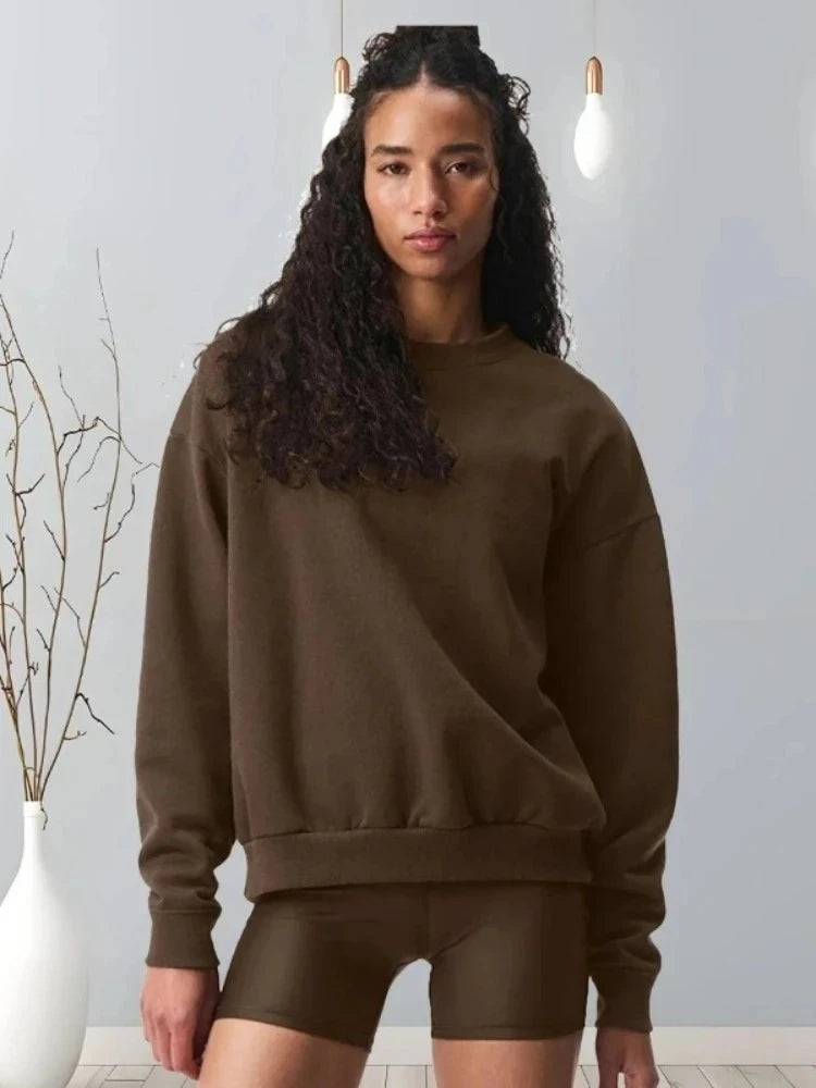 Fashion Loose Casual O-Neck Sports Hoodies Autumn Coffee Women's Sweatshirts Classic Cotton Pullovers Long Sleeves Top Women