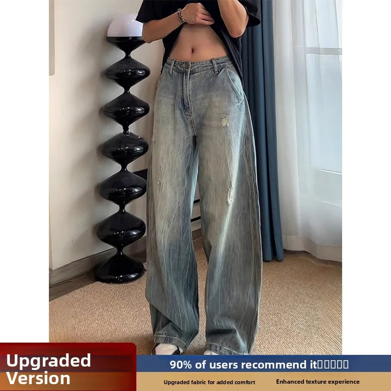 American Lightning Texture Ripped Denim Jeans Straight Leg Wide Leg Loose Fit Casual Summer Jeans for Men And Women