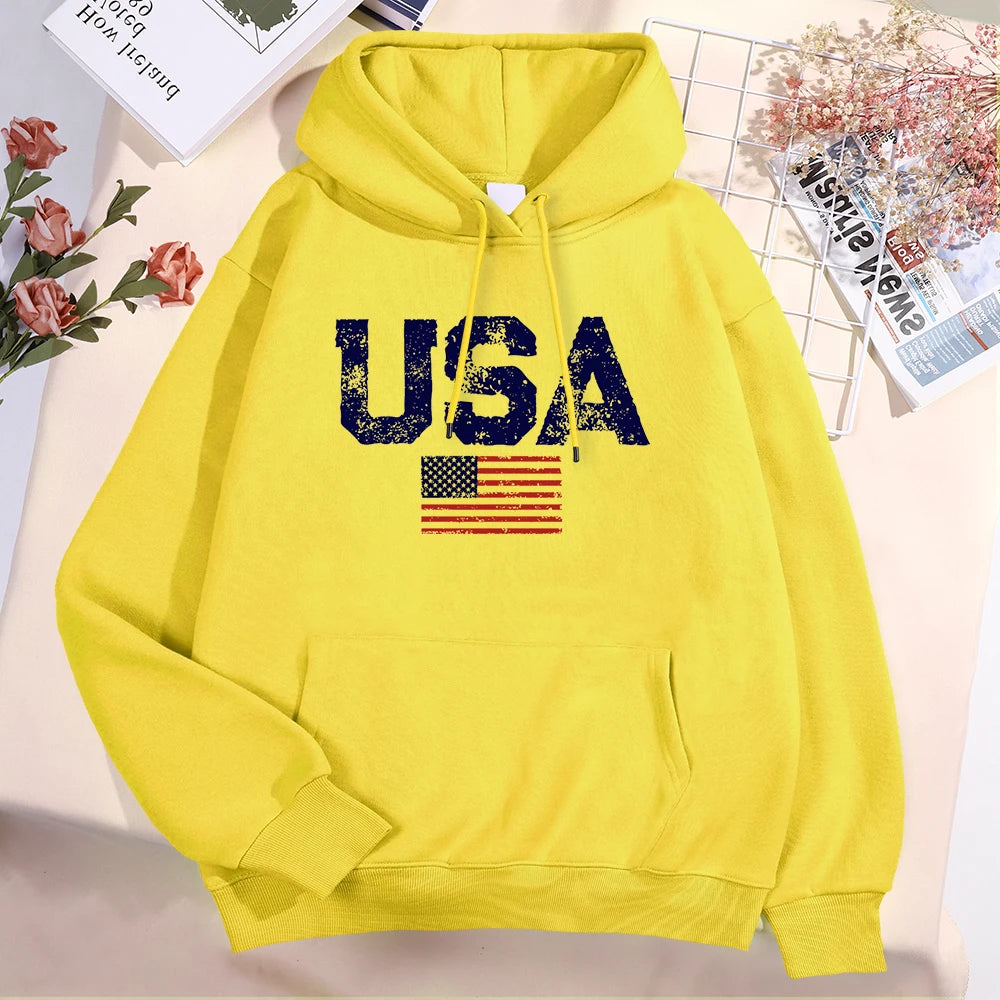 Usa Letters American Flag Stars And Stripes Hoodie Men Women Fleece Hoody Fleece Oversize Sweatshirt Autumn Pocket Clothes