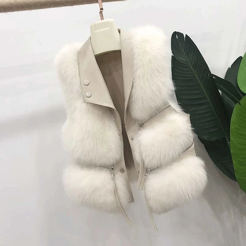 Autumn Winter Splicing Imitation Fox Fur Grass Vest Women Short Jacket 2025New Fashion Versatile Sleeveless Lady Waistcoat Coat