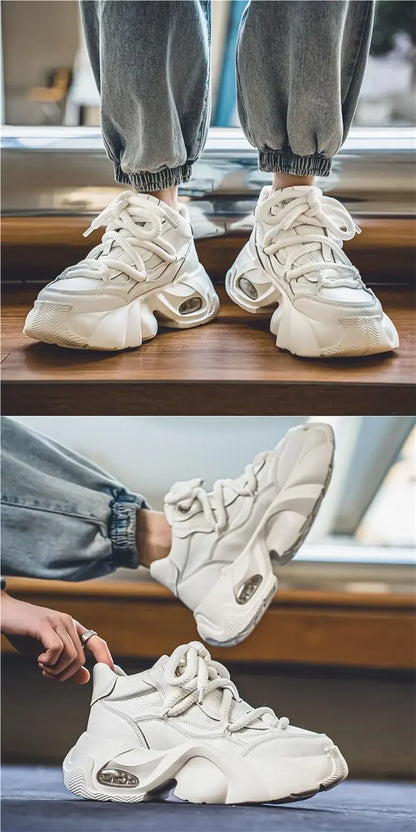 New Autumn/Winter Men's Casual Sneakers 12cm Increased Height 10cm Thick Sole White Shoes High Top Rubber Base Male Footwear