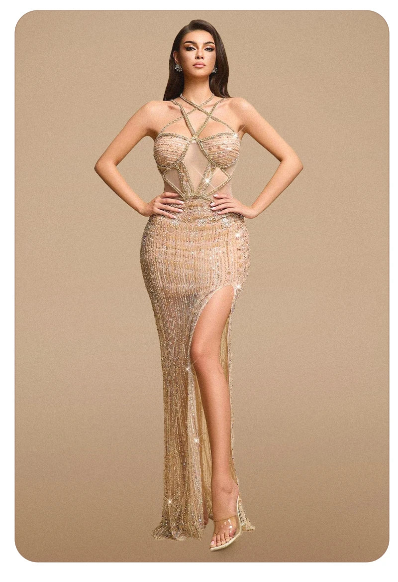 Sexy Gold Sequin Evening Dresses for Women – Luxury Crystal Beaded Prom Dress with High Slit Formal Party Mermaid Gown for Gala