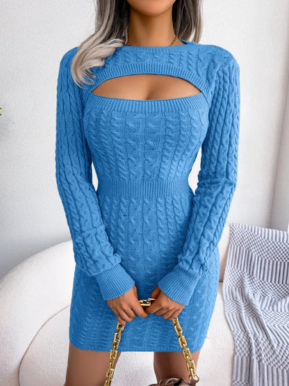VigoCasey 2025 Blue Casual Short Knit Dress Autumn Winter Women Long Sleeve Dress Sexy Lady Solid Hollow Bodycon Knitted Dresses