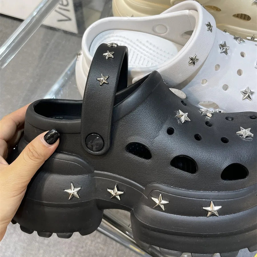 Women Summer Sandals High 10cm Heels Chunky Clogs with Star Charms Garden Shoes Waterproof Beach Pool Sandals Mules Slippers
