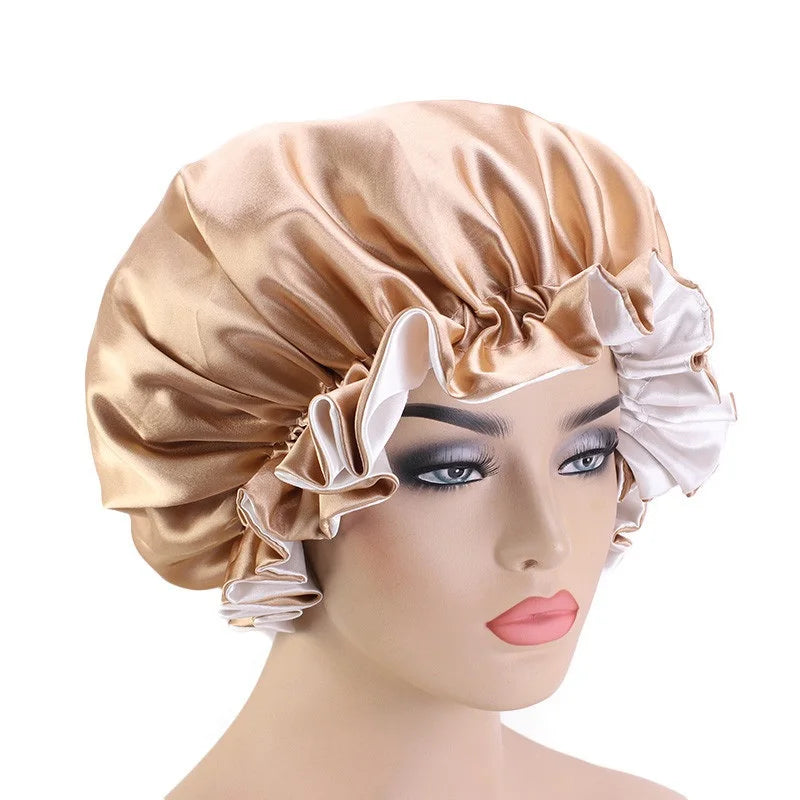 Lady Silk Night Sleep Hats Double Layer Head Cover Fashion Shower Cap Adjustable Silk Satin Bonnet For Women