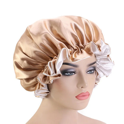 Lady Silk Night Sleep Hats Double Layer Head Cover Fashion Shower Cap Adjustable Silk Satin Bonnet For Women