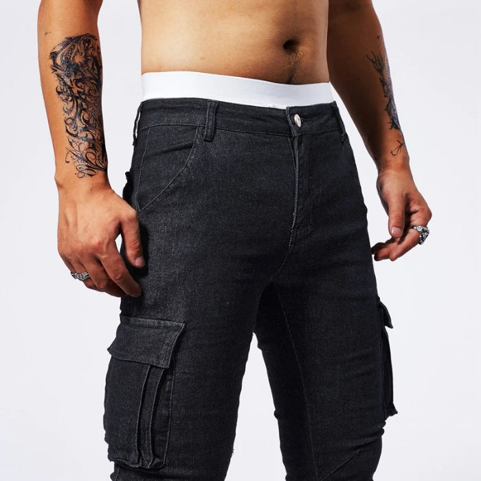 Street Elastic Jeans Men Denim Cargo Pants Wash Solid Color Multi Pockets Casual Mid Waist Trousers Slim Fit Daily Wear Joggers