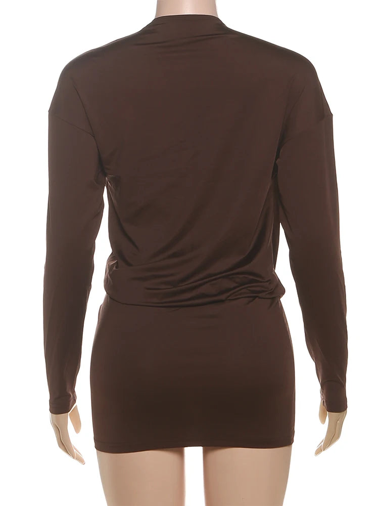 Sisterlinda Women's Elegant Deep V-Neck Mini Dress Full Sleeve Skinny Peach Hip Midnight Club Party Sexy Fashion Solid Bodycon