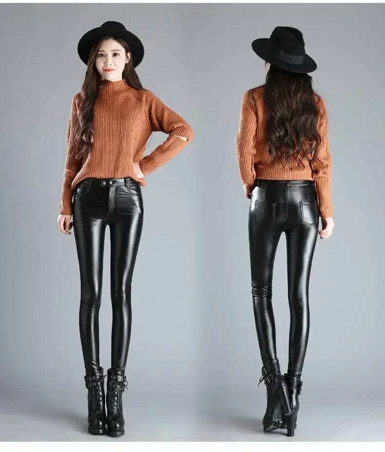 Cashmere PU Leather Pants Women's Autumn/Winter 2026 Thickened and Fleece High-Waisted Slim Fit Tight Warm Pants Leggings Black