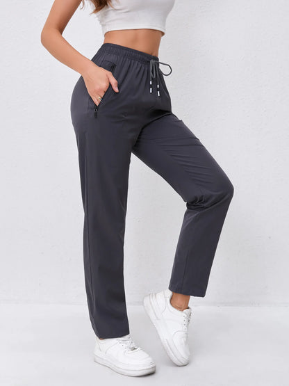 Women's High-Waist Slimming Drawstring Joggers with Dual Side Zipper Pockets - Lightweight, Breathable Nylon Blend Outdoor Pants
