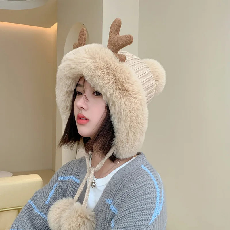 Knitted Hat Beanie Winter Warm Fleece Lined Reindeer Antlers Korean Style Cute Christmas Party Women Girls Thickened Thermal