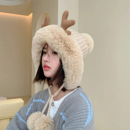 Knitted Hat Beanie Winter Warm Fleece Lined Reindeer Antlers Korean Style Cute Christmas Party Women Girls Thickened Thermal