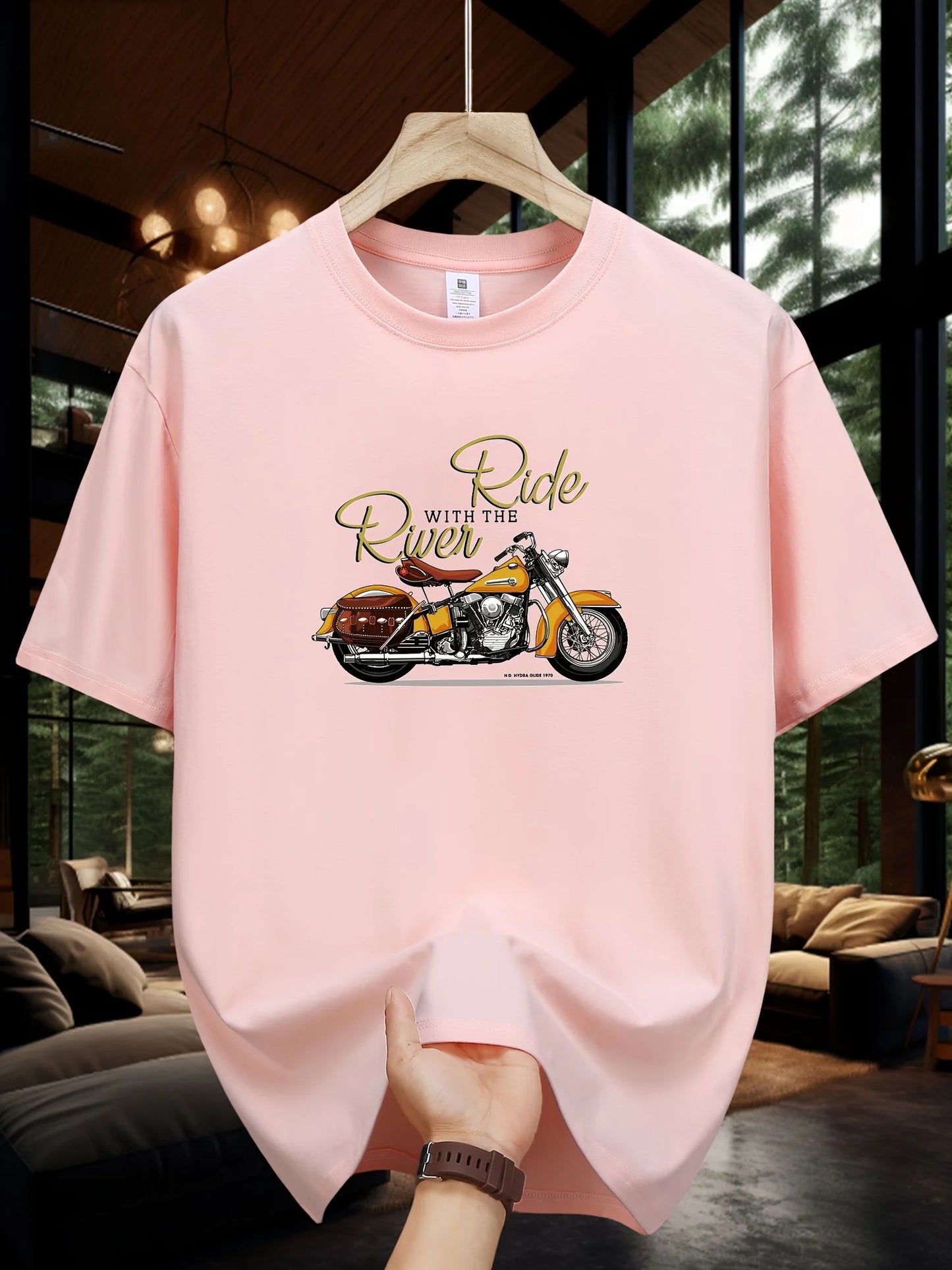 Men's Summer 100 Cotton Fashionable Casual Loose Large Size Classic Motorcycle Pattern Printed Round Neck Short Sleeve T-shirt