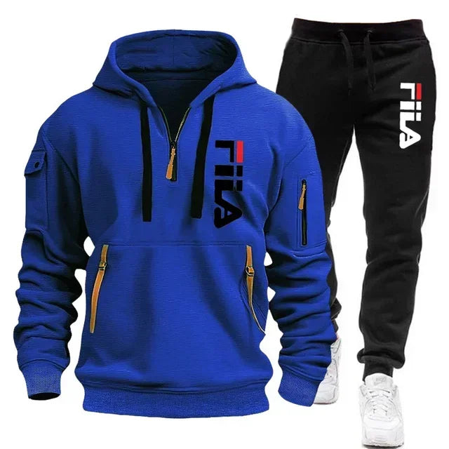 Autumn and Winter 2025 new men's hooded sweatshirt + pants two-piece set, outdoor multi-pocket men's pullover sportswear set
