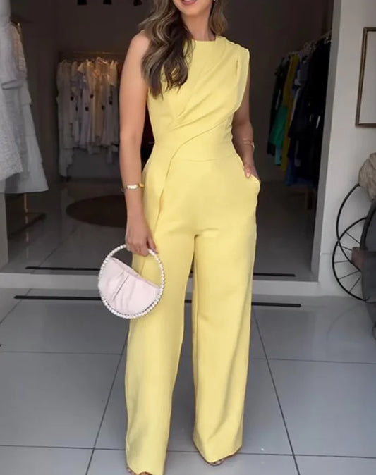 Women's Jumpsuit Fashion 2026 New Sleeveless Ruched Irregular Jumpsuit with Pockets Simple Commuting Style Elegant Jumpsuit