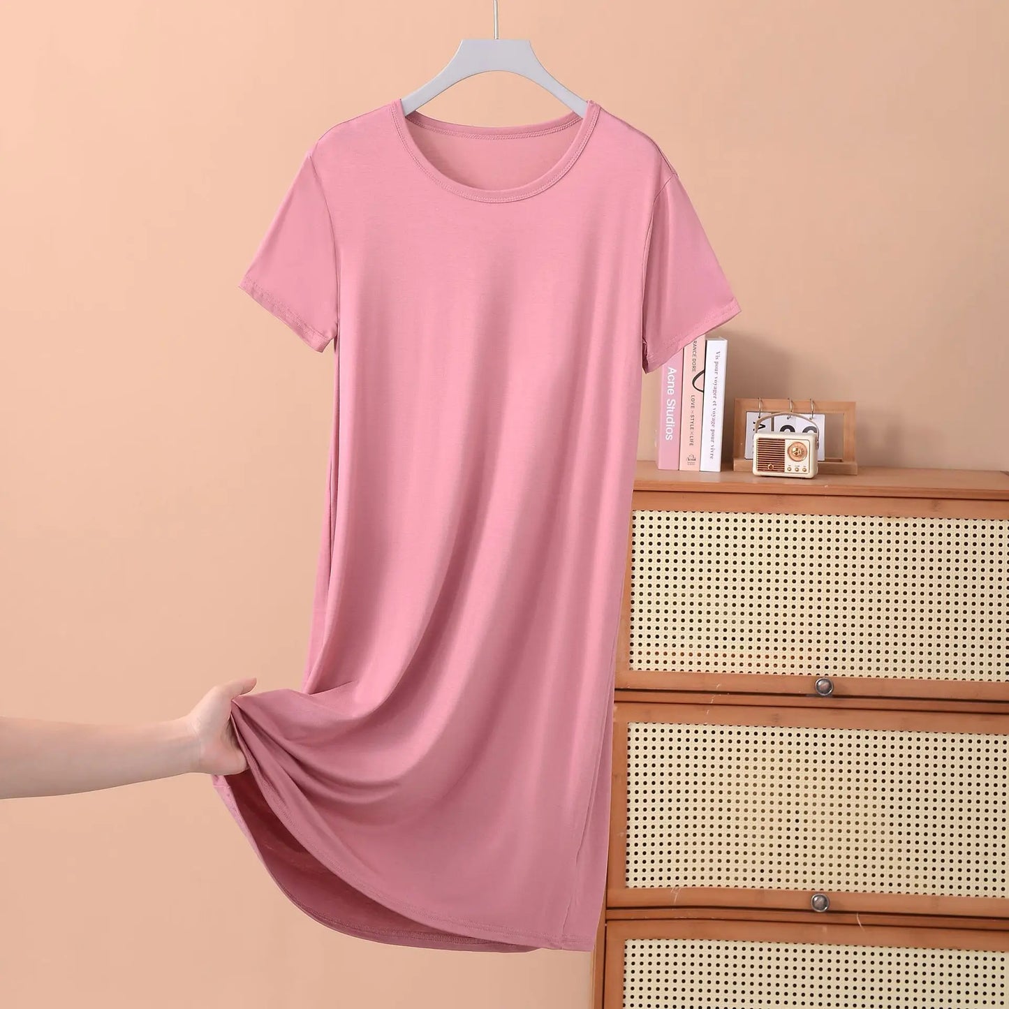 Plus size XL to 8XL Modal dress short sleeves summer women's cool dresses Solid color Bottomed sleepdress mid-length homewear