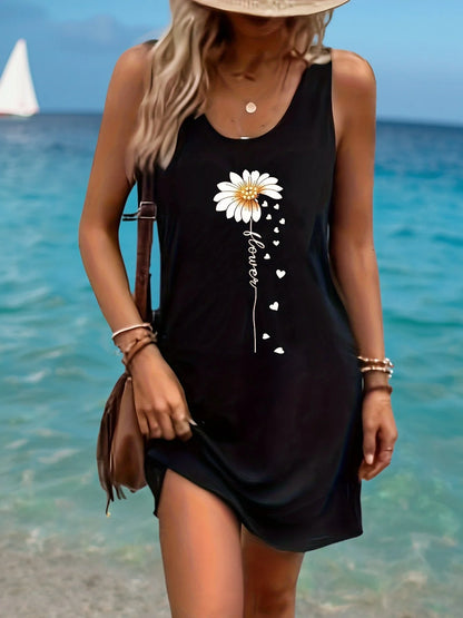 Women's Summer Sleeveless Tank Top Dress Sexy Women's summer loose sleeveless short mini dress with black print