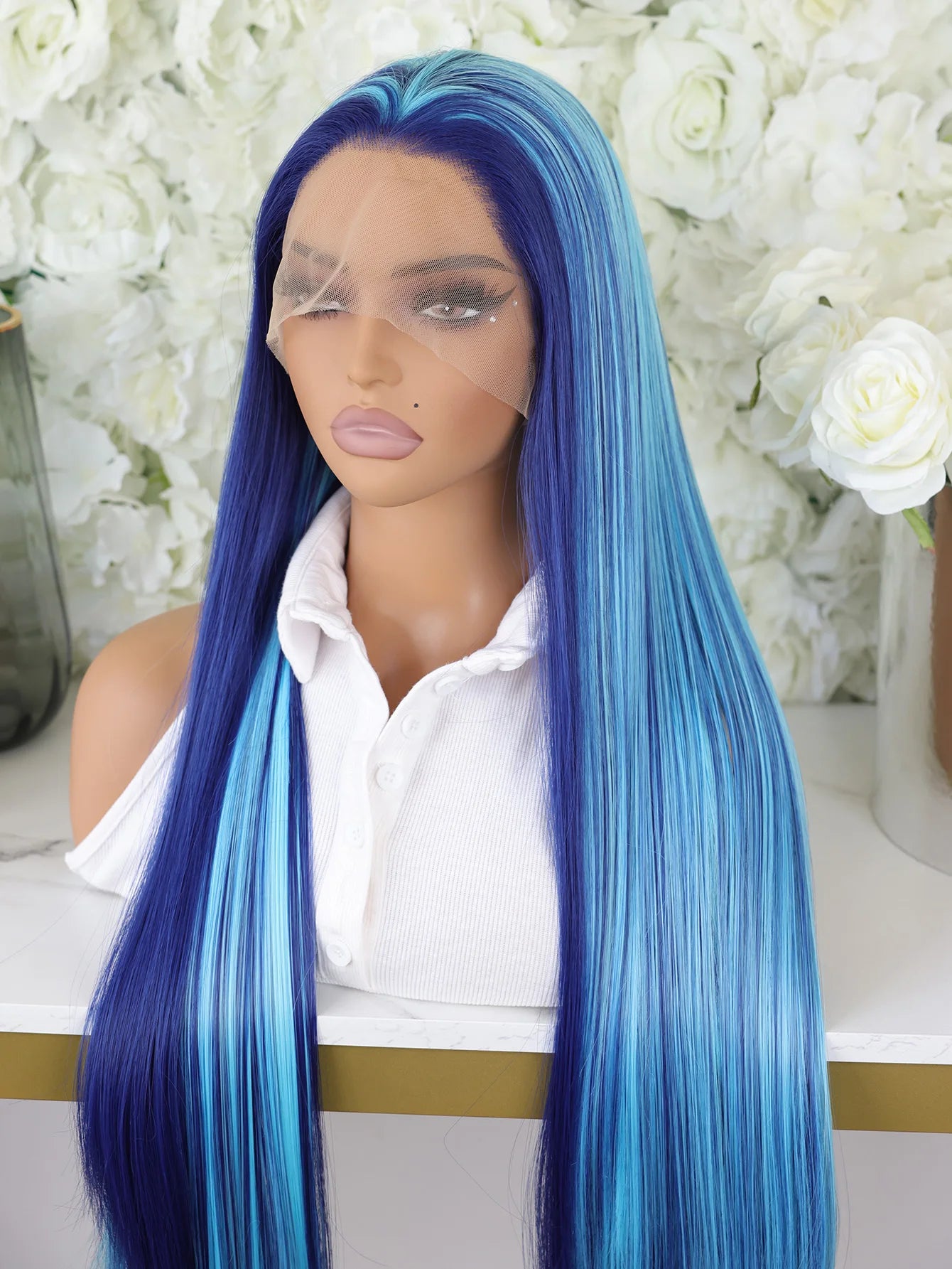 Highlight Blue Ombre Color 13X4 HD Lace Frontal Synthetic Wigs Women Cosplay Straight Prepluck Bleach Knots Baby Hair Glueless