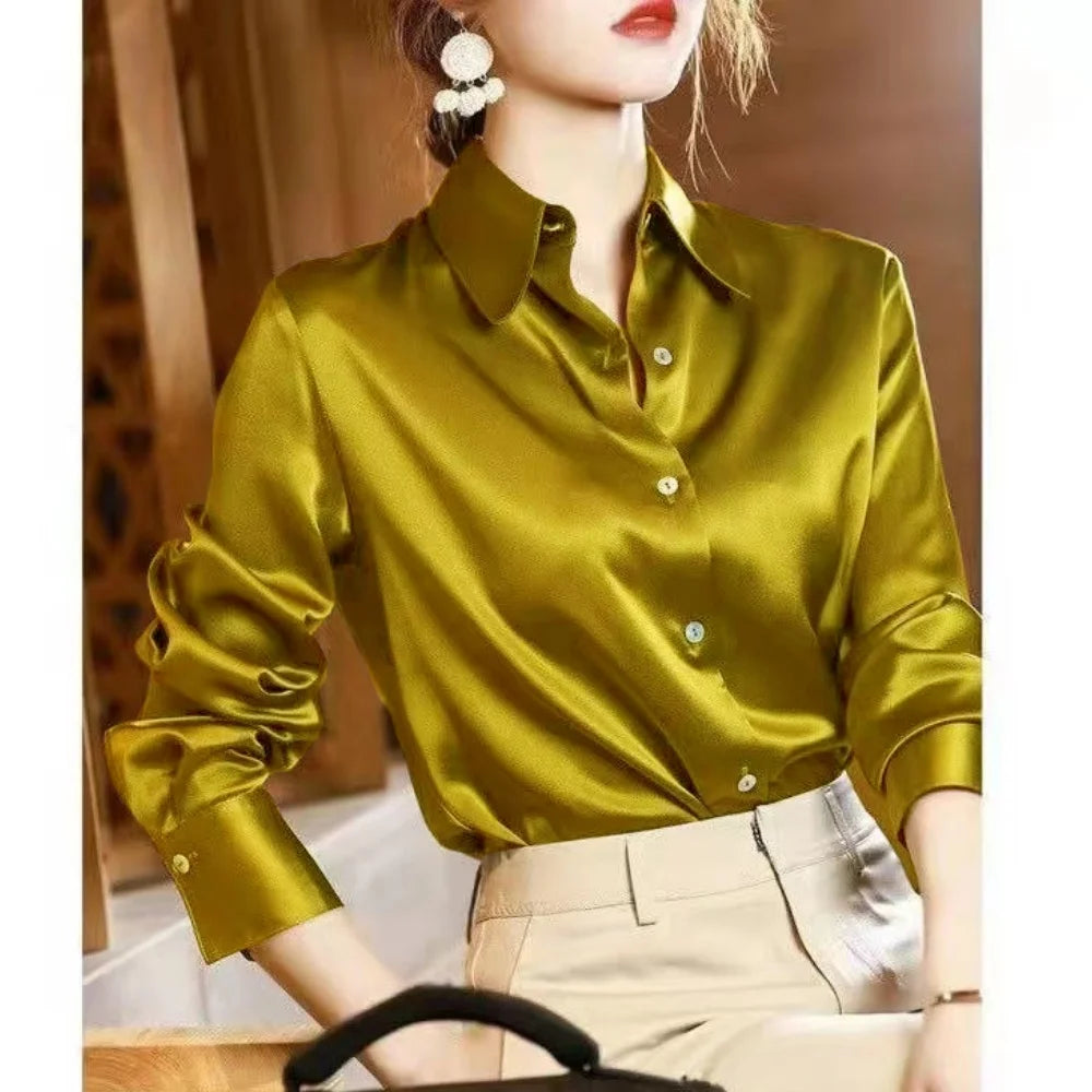 2026 Summer Trend Fashion Women's Casual Elegant Satin Long Sleeved Shirt Office Women's Shirts And Blouses Slim Femal Clothes
