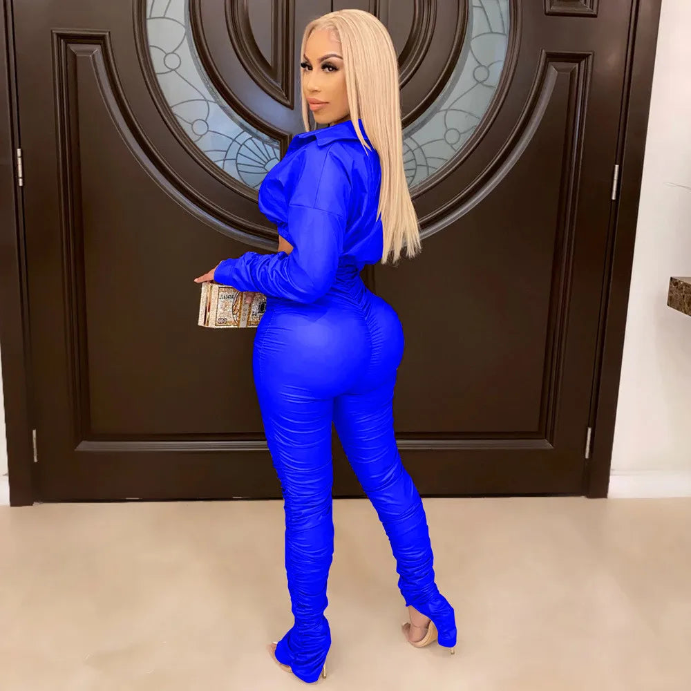 Sexy PU Faux Leather Two Piece Set for Women Birthday Night Club Outfits Crop Top and Slit Stacked Pants Matching Sets Undefined