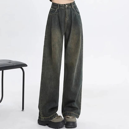 Woman High Waist Straight Leg Jeans Lady Loose Denim Wide Leg Pants Girls Korean Khaki Retro Blue Light Blue Gray White Trousers
