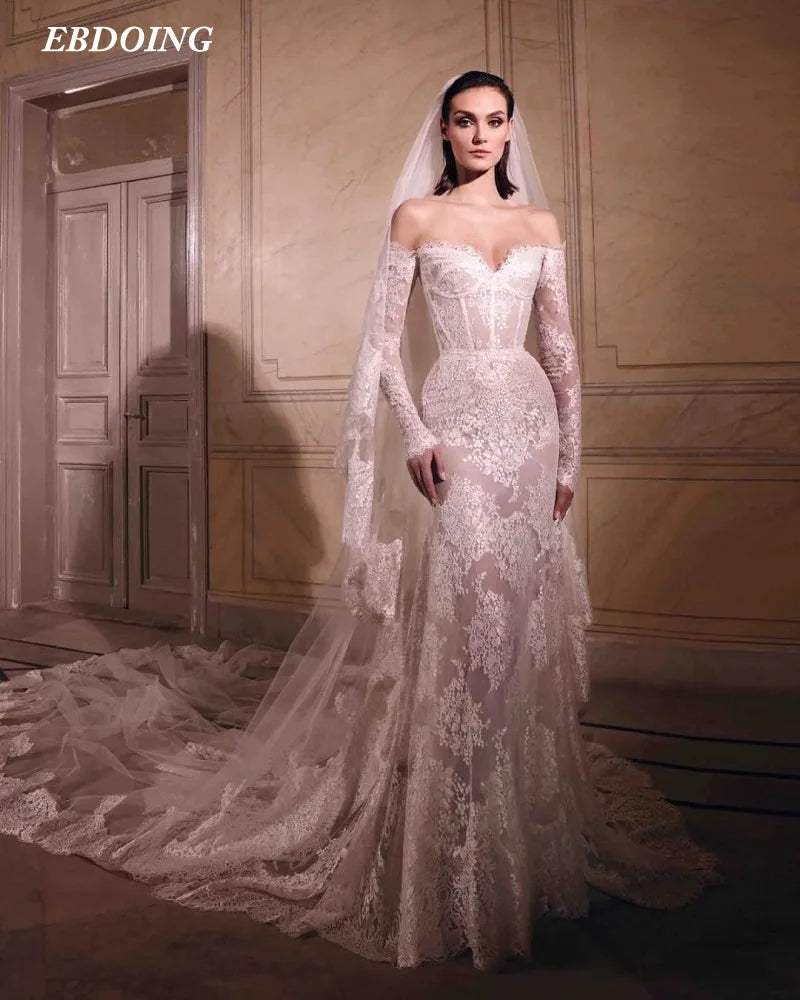 Newest Wedding Dress Mermaid Lace Sweetheart Neck Customized Chapel Train Off The Shoulder Sleeves Bride Gown Vestidos De Novias