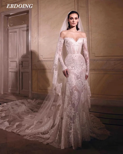 Newest Wedding Dress Mermaid Lace Sweetheart Neck Customized Chapel Train Off The Shoulder Sleeves Bride Gown Vestidos De Novias