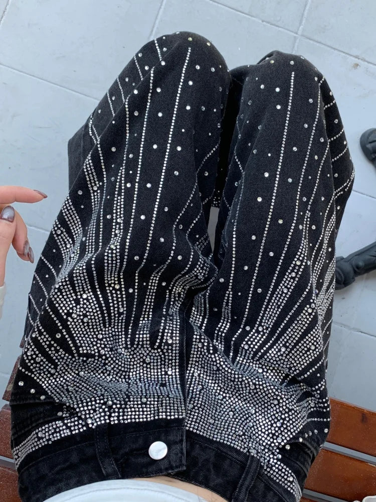 2025/2026 Ropa Y2K Style Baggy Hot Fix Rhinestone Baggy Stacked Jeans Pants For Women Clothing Wide Leg Luxury Gothic Lady Trousers