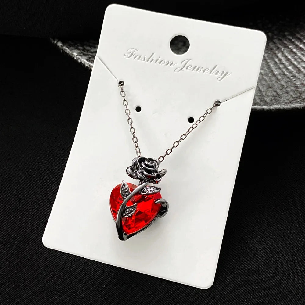 Gothic Rose Red Love Necklace Women's Y2K Jewelry Silver Color Tonebloody Human Heart Pendant Jewelry Personalized Gifts