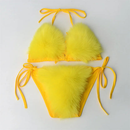 Summer Women Fake Fox Fur Sexy Halter Solid Color Bikini Set Swimsuits Triangle Sexy Bikini Set Faux Fur Swimsuit Plush Swimwear