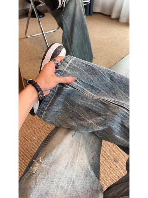 American Lightning Texture Ripped Denim Jeans Straight Leg Wide Leg Loose Fit Casual Summer Jeans for Men And Women
