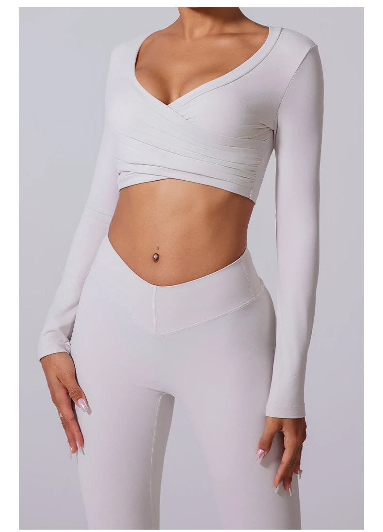 2 Pieces Wrap Front Gym Fitness Suit Women Long Sleeve Legging Workout Yoga Set Sports Bra Short Sports Clothes Tracksuit Female