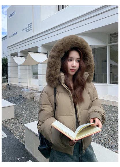 Casual Warm Fur Hooded Cropped Parkas Chic Streetwear Korean Style Down Cotton Coat Thicken Short Women's Winter 2025 Jacket