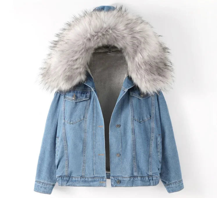 Korean Style Fleece Lined Thickened Hooded Lamb Fur Denim Jacket Women's Large Collar Versatile Cotton Coat Autumn Winter New Ar