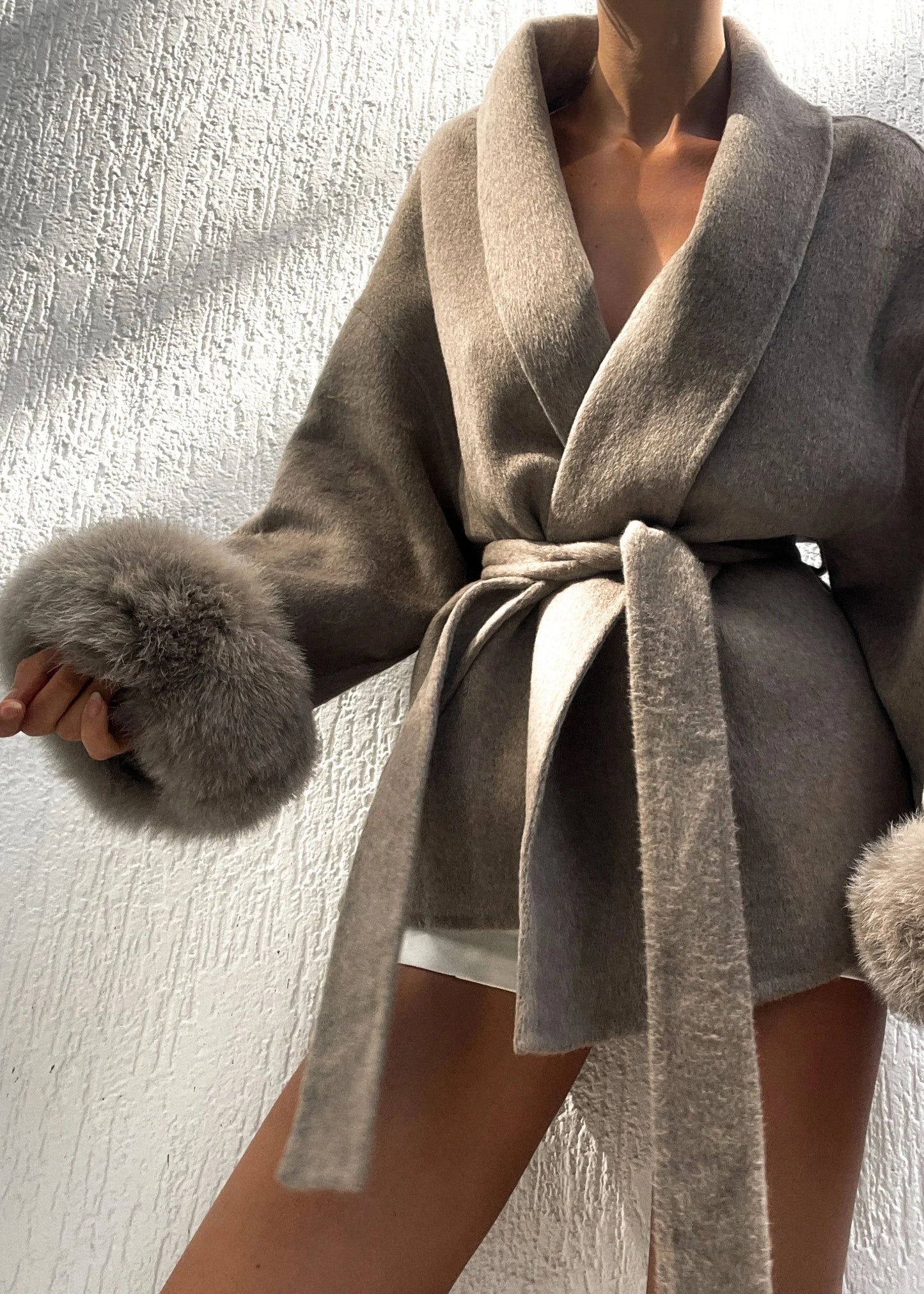 Elegant Lace Up Woolen Short Coat Solid Loose Lapel Furry Belt Long Sleeve Jacket Female 2025 Autumn Winter Lady Chic Cardigan