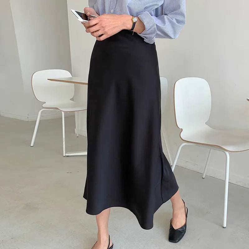 Women's Satin Skirt High Waist Elegant Midi A-line Skirt Lady's Summer Solid Champagne Vintage Silk Long Skirts for Women 2026