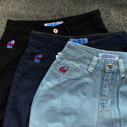 Y2K Embroidery Baggy Boy Jeans Women Streetwear Gothic Cartoon Blue Straight Jeans Retro Punk Rock High Waist Denim Trousers