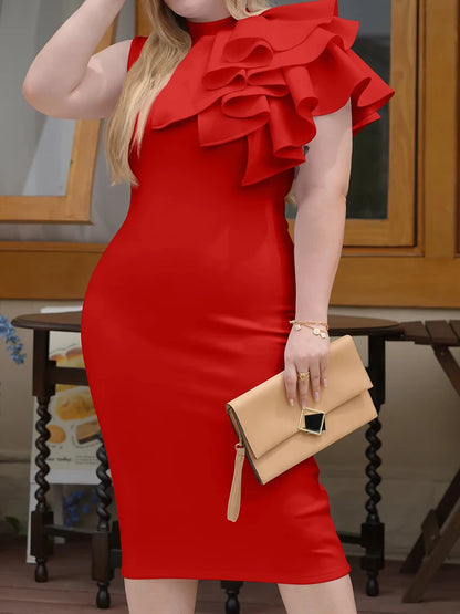 Summer Fashion Bodycon High Neck Sleeveless One Shoulder With Flower Ruffle Elegant Evening Dress