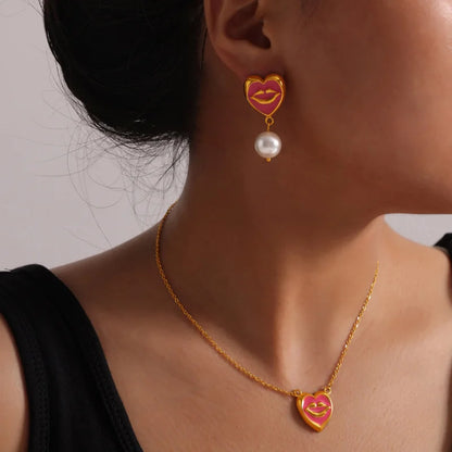 ins Unique Personality Sexy Jewelry Weighted Color Glaze Heart Lip Pendant Titanium Steel Jewelry Set for Women