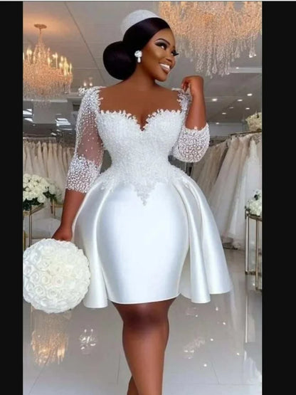 Customized  Sheer Neck Shinny Appliques Beads Short  Wedding Dress  Vestidos De Novia  Half Sleeves Knee Length Bridal Gowns