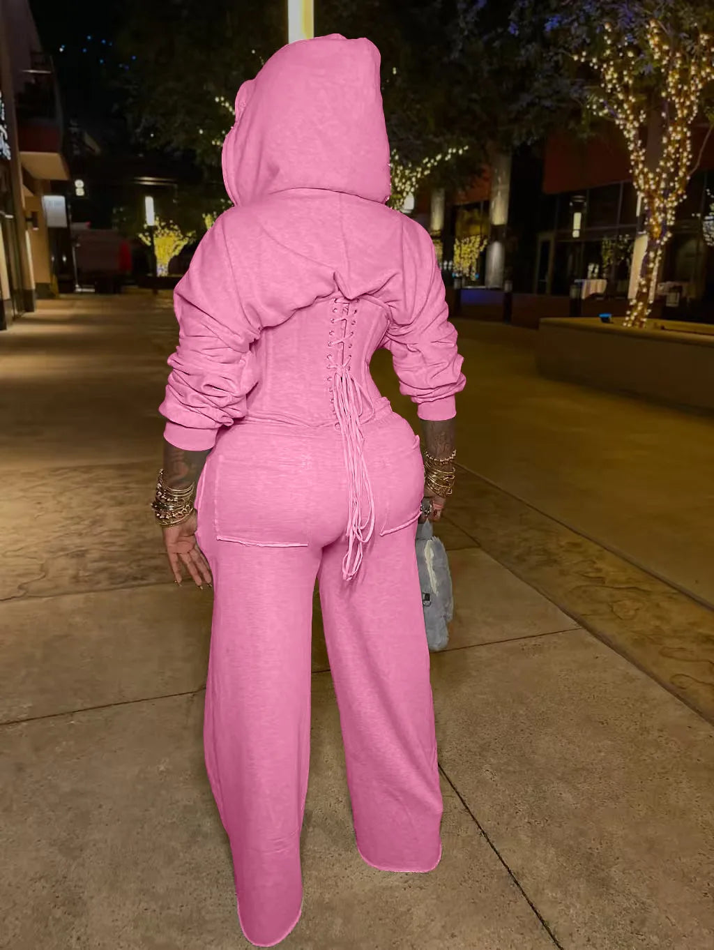 FAGADOER Casual 2 Pieces Set for Woman Outfits Solid Color Bandage Patchwork Hooded Crop Top and Pants Suit Female Streetwear