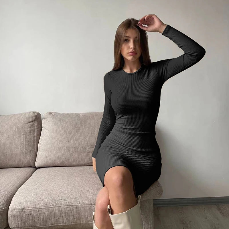 Autumn Winter New Dresses Women Fashion Casual Slim O-Neck Long Sleeves Elegant Dress Sexy Black Female Club Party Maxi Dresses