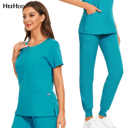 Wholesale 7 Colors Zipper V-neck Short Sleeve Pocket Nursing Working Top Pants Uniform Solid Breathable Soft Women Wear Suit