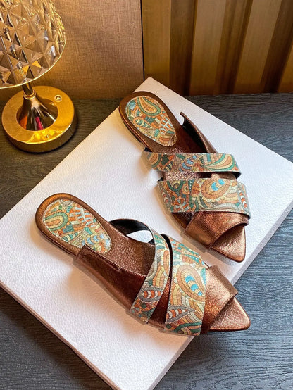 Women's sandals flat pointed Peep Toe slippers totem large size shoe snake pattern stone pattern sandals for women Flat slippers