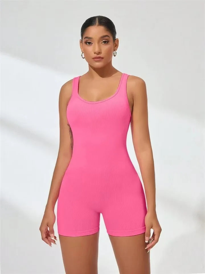 Sexy Backless Women Yoga Rompers U Neck Sleeveless Threaded Jumpsuit Solid Color Elastic Bodysuit Without Bust Pads Streetwear
