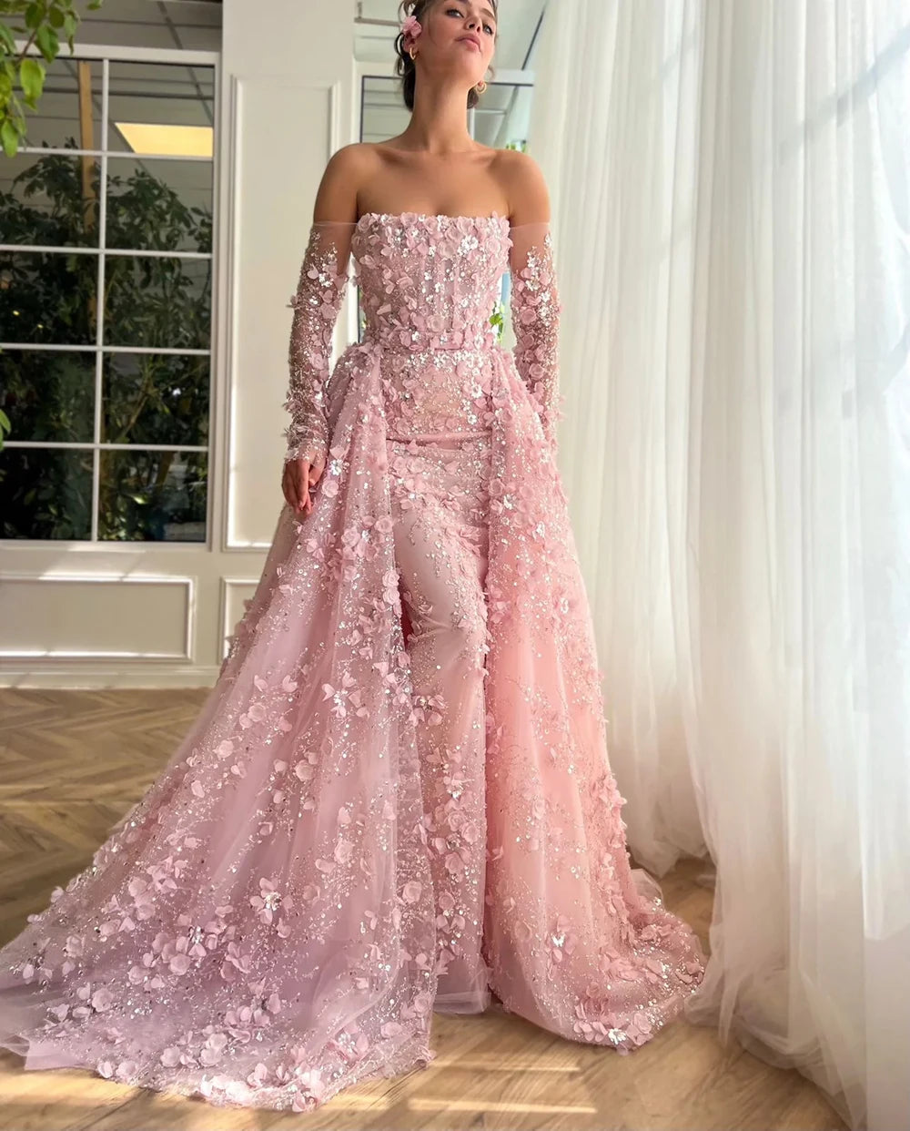 Elegant 3D Flower Evening Dress with Detachable Skirt 2025 & 2026 Luxury Mermaid Long Sleeves Formal Prom Wedding Party Gown Customized