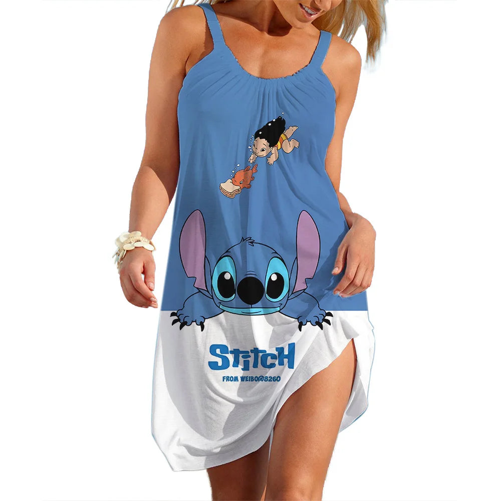 New Summer Girls Disney Stitch Women Fashion Sling Dress Women Sexy Loose Seaside Beach Clothing Cool Sleeveless Dress Quick Dry