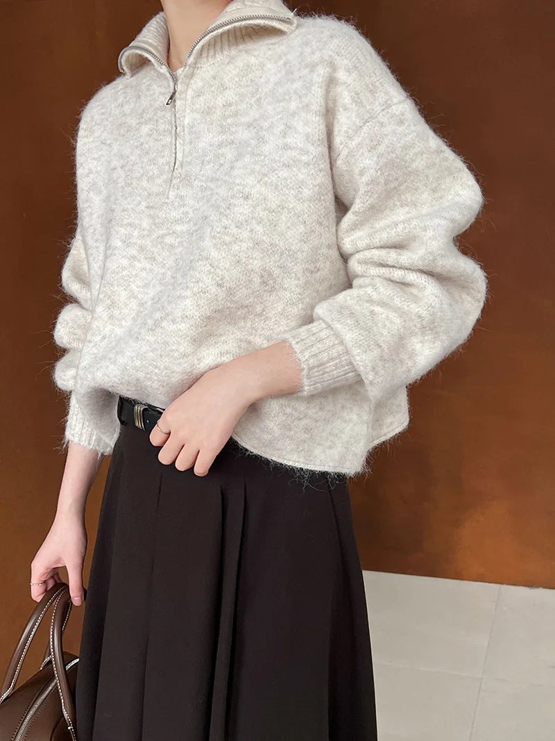 2026 Women Turn Down Collar Sweater Long Sleeve Zipper Design Warm Cardigans Clothes Tops For Women Winter Sweater Pull Femme